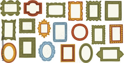 Collection of vintage decorative picture frames isolated on transparent background