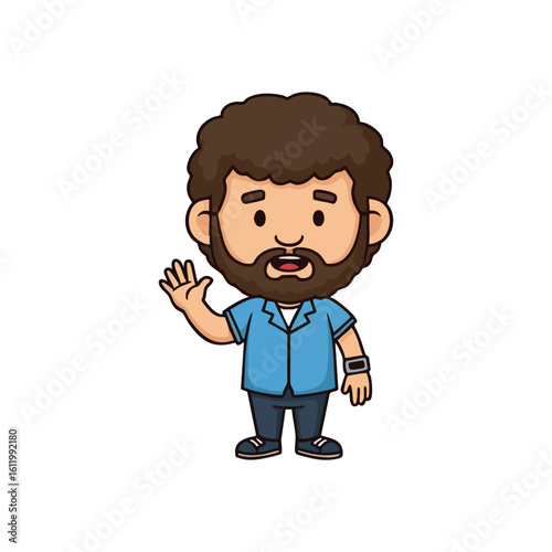 Friendly Waving Bearded Cartoon Man. Charming cartoon drawing of a cheerful male figure with a beard and curly hair, extending a welcoming gesture. Represents approachability and a warm greeting.