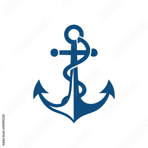 Blue Nautical Anchor Design. A classic ship's emblem featuring a distinctive rope detail against a dark background. It conveys permanence, seafaring adventures, and marine heritage.