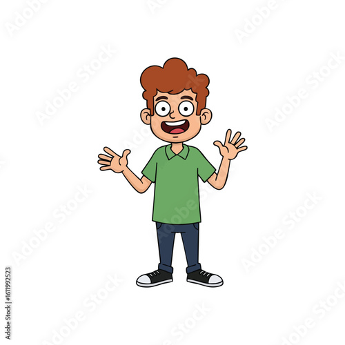 Happy Cartoon Boy Character. A delighted animated youngster with a wide grin and open palms, expressing enthusiasm or a friendly hello. This vector artwork conveys happiness.