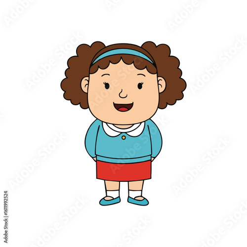 Happy Cartoon Girl Illustration. A cheerful animated youngster with brown hair and a bright smile. This delightful graphic embodies innocence and childhood joy.