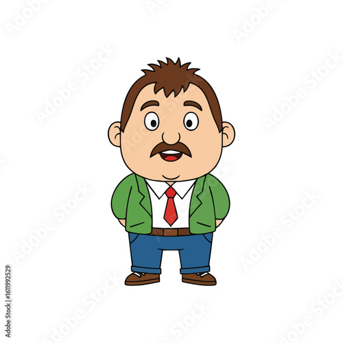 Friendly Cartoon Character Smiling Man. A jovial animated gentleman with a prominent mustache and smart attire beams with a confident, open expression. This cheerful illustration embodies.