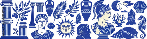 Collection of ancient greek and roman decorative elements isolated on transparent background