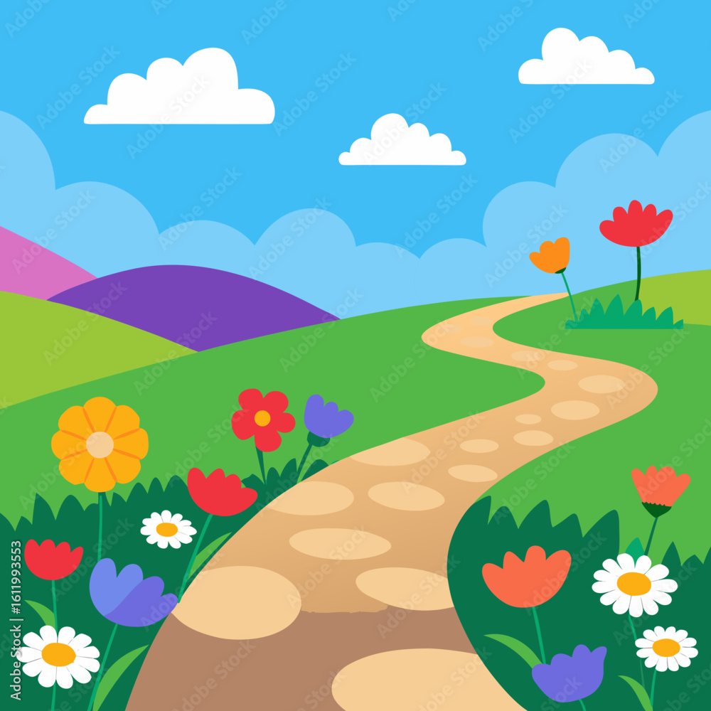 Obraz premium Colorful wildflowers path rolling hills blue sky meadow