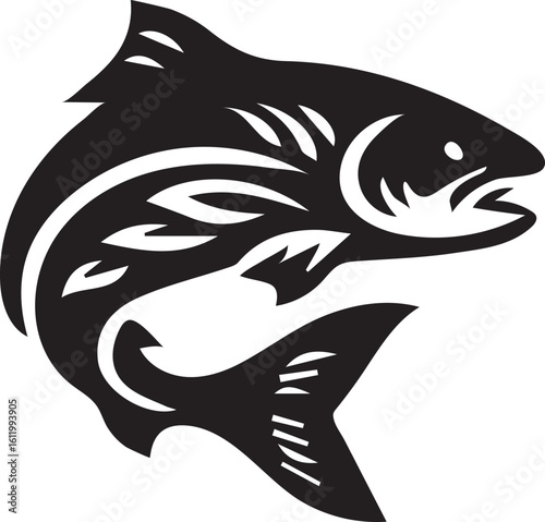 Monochrome Silhouette of a Salmon Leaping Upstream Symbolizing Determination and Perseverance in Overcoming Challenges or Representing Fishing