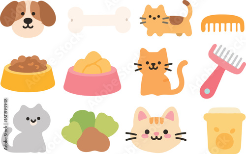 Cute cartoon pet supplies and animals isolated on transparent background