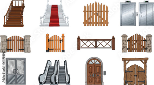 Discover entrances and exits from grand stairs to modern elevators and rustic gates
