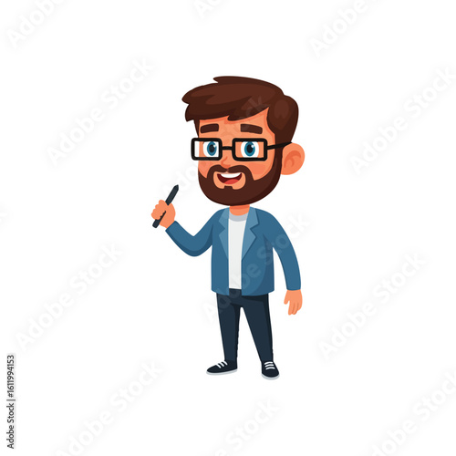 Smiling Bearded Man with Pen Illustration. This cheerful individual, adorned with spectacles and a neat beard, confidently holds a writing instrument, embodying expertise and innovation.