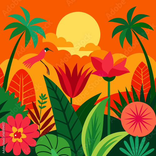 Tropical meadow with exotic flowers and bird vector