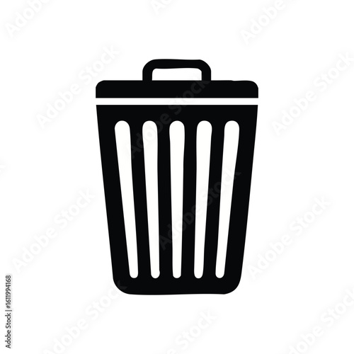 Digital Deletion Bin Icon. Simple white silhouette of a refuse container on a dark background. Represents removal, cleanup, and responsible data management.