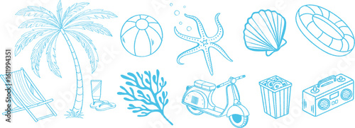 Hand-drawn beach vacation blue line icons on white background featuring palm tree, scooter, shell, float, starfish, beach ball, deck chair, drink, and boombox. Ideal for summer graphics.
