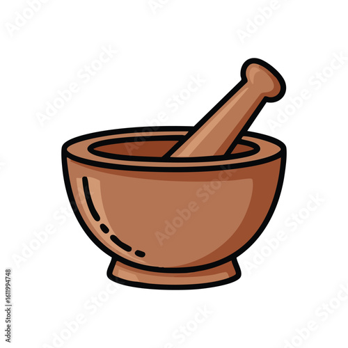 Mortar and Pestle Graphic. Stylized illustration of a traditional grinding tool and bowl. It embodies natural remedies, culinary arts, and ancient wisdom.