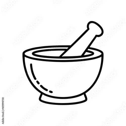 Mortar Pestle Herb Grinding Tool. A minimalist white emblem of a crushing bowl with a pounder on dark. Signifies traditional medicine, natural remedies, and culinary spices.