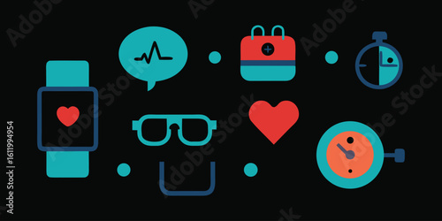 Vector art of a collection of health and fitness technology icons including a smartwatch and heart rate.