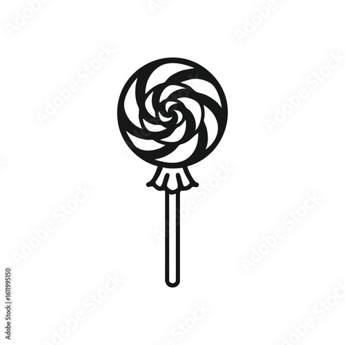 Classic Swirl Lollipop Icon. A sleek graphic of a round dessert, evoking nostalgic delight. The crisp black and white aesthetic adds a timeless, universal appeal to this joyful treat.