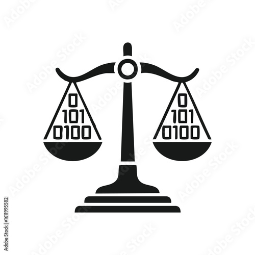 Binary Data Justice Scale. Illustrates a precise measurement device balancing digital information. This design symbolizes fairness, ethical governance, and the integrity of computation.
