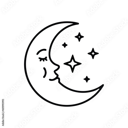 Sleeping Crescent Moon and Stars. This calm lunar visage dreams softly under a starry expanse. Perfect for themes of slumber, wonder, and celestial peace. Simple, inviting art.