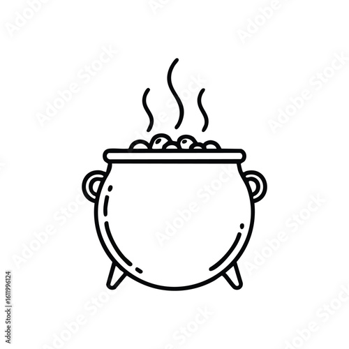 Mystic Cauldron Outline Illustration. A minimalist black and white rendering of a magical vessel brimmed with enigmatic objects. Represents spells, prosperity, or festive treats, conveying intrigue.