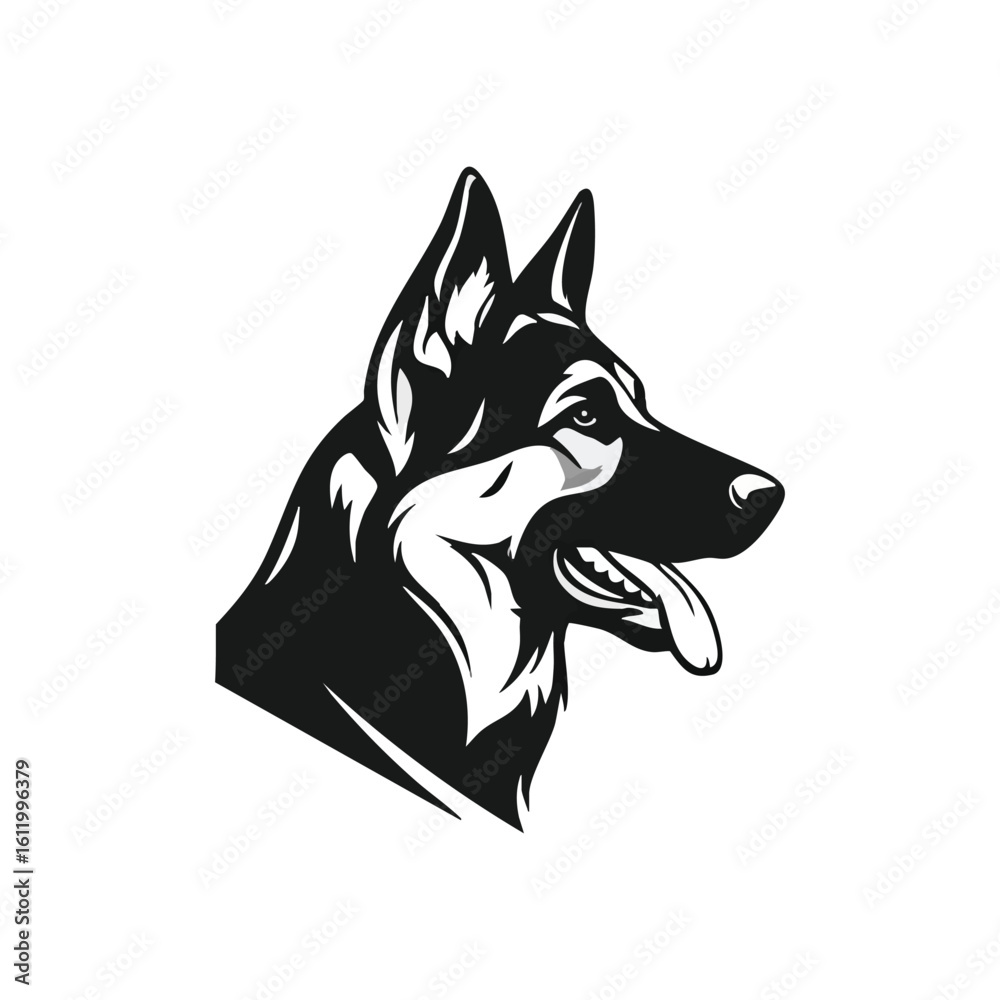 Naklejka premium Noble German Shepherd Dog Head Logo. Vector artwork featuring the distinct side view of a brave domestic canine. Represents protection and strength, perfect for various design needs.