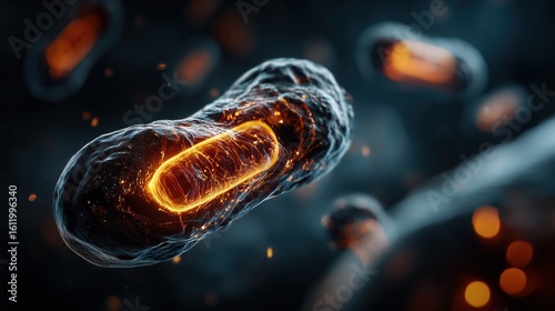 Cell showcasing vibrant, glowing mitochondria in a microscopic exploration of life and energy