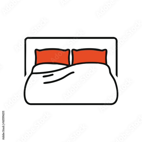 Simple Bedroom Bed Design. Clean outline icon of a comfy sleeping space with bright orange pillows and a white cover, symbolizing relaxation, rest, and cozy home interiors.