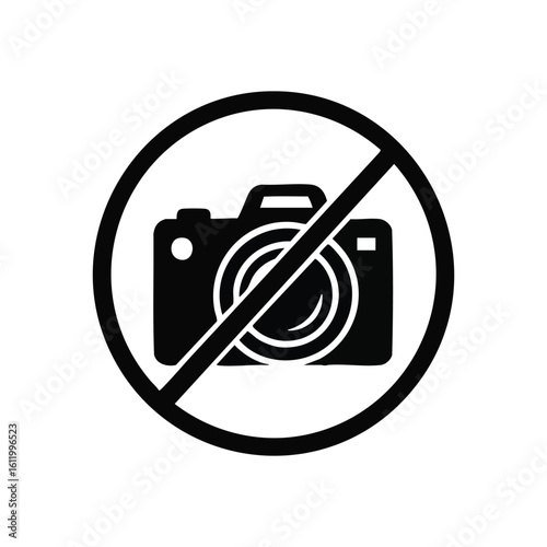 No Photography Sign. Clear circular emblem indicating recording devices are not permitted. It signifies privacy, security, or copyright protection in restricted areas.