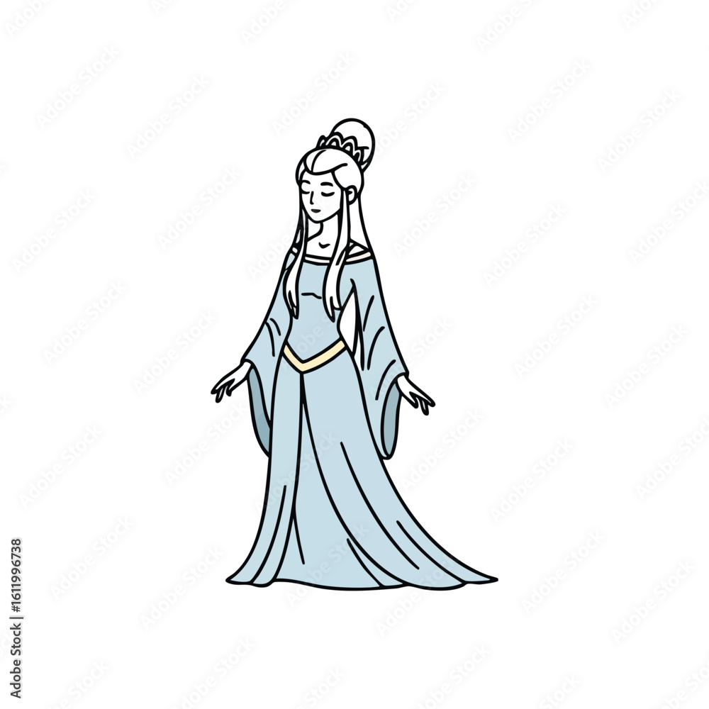 Fototapeta premium Elegant Mystic Queen Character Art. A graceful enchantress illustration with long white hair and a crown, adorned in a flowing light blue gown. Represents serenity, fantasy, and regal beauty.