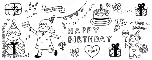 Hand Drawn Kids Birthday Doodle Set – Cute Line Art Vector Illustration