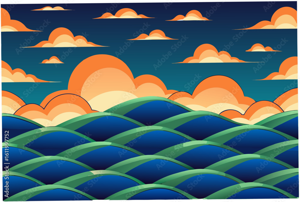 Fototapeta premium Stylized Rolling Hills Under Orange Clouds landscape