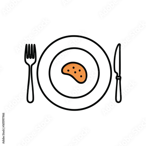 Minimalist Dining Icon with Meal. A simple white dish holds an appetizing brown item, flanked by cutlery. This illustration evokes essential nourishment and culinary simplicity.