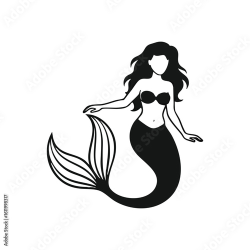 Enchanting Siren Silhouette. Striking monochrome outline of a legendary sea creature, embodying mystery and allure. Ideal for captivating designs.