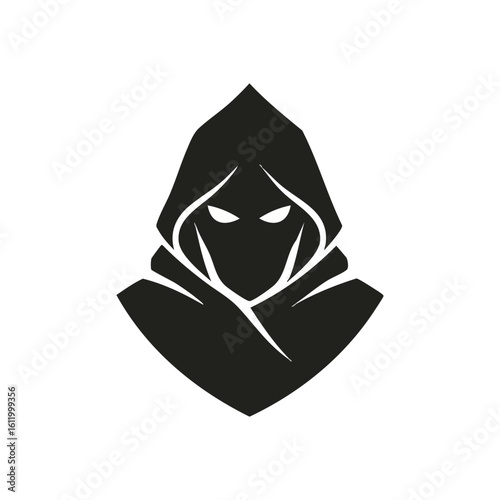 Enigmatic Shadow Figure. Minimalist portrait depicting a robed individual, gaze glowing from deep within obscurity. Symbolizes intrigue, vigilance, or clandestine identities.