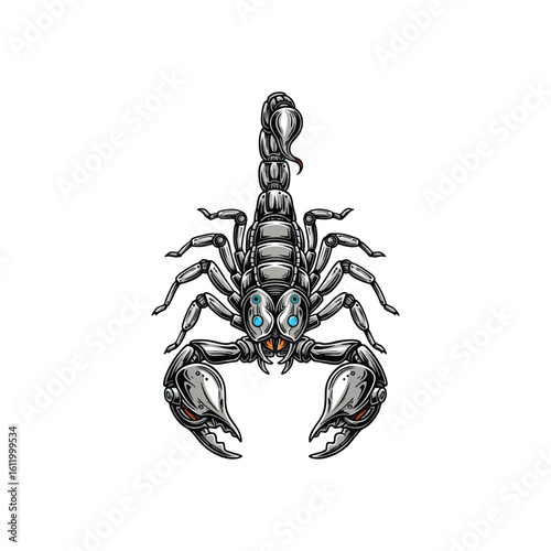 Futuristic Mechanical Scorpion. This menacing cybernetic arachnid art captivates with intricate metallic details. Its glowing optical sensors represent advanced technology and a powerful, innovative.