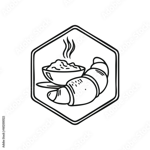 Warm Croissant and Steaming Bowl Emblem. An inviting graphic showcasing a freshly baked crescent roll and a comforting hot offering, symbolizing a cozy, wholesome meal experience.