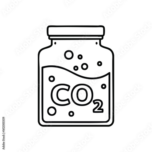Carbon Dioxide Gas Contained Flask. Elegant graphic of CO2 bubbles in a sealed vessel, symbolizing atmospheric impact, climate warming, and pollution mitigation research.