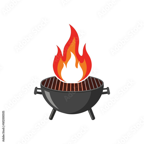 Hot Barbecue Grill with Glowing Flames. Vibrant illustration of a charcoal cooker with bright embers ready for outdoor feasting. Represents joyful gatherings and delicious meals.