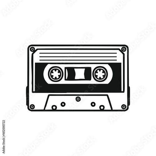 Retro Audio Cassette Tape Icon. A timeless monochrome graphic of a compact magnetic recording device. Evokes warm feelings of past eras, music, and analog sound.