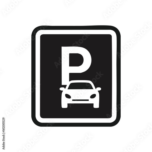 Parking Area Signage. Classic monochrome P symbol for automobile accommodation. This clear illustration denotes designated vehicle zones, signifying organized access and convenience.