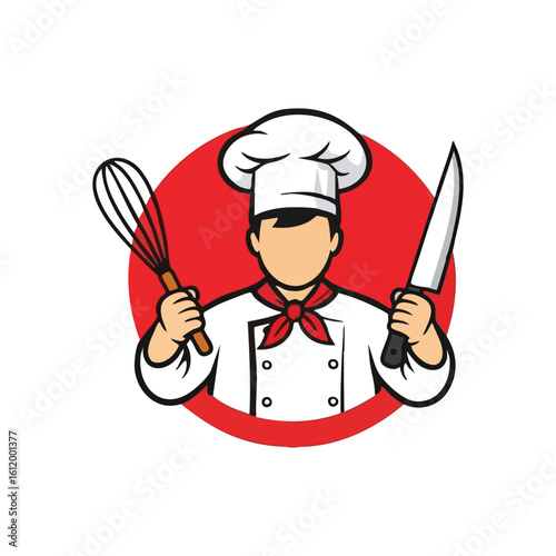 Master Chef Cooking Icon. Stylized image of a culinary professional wielding essential kitchen tools. This graphic conveys expertise, passion, and readiness in food preparation.