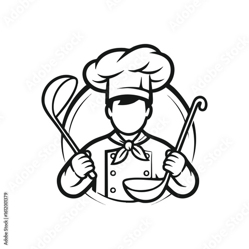 Culinary Chef Emblem with Ladles. This graphic portrays an expert food preparer, proudly holding kitchen serving instruments. Ideal insignia for dining establishments or gastronomic brands.