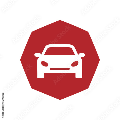 Automobile Graphic Element. A minimalist vehicle emblem set on a vibrant red octagonal backdrop. Represents safety, transport, and the modern automotive journey.