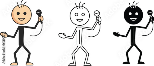 Stick figure singing with microphone vector illustration karaoke night entertainment icon set