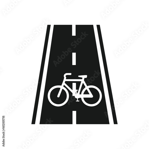 Bicycle Lane Symbol. Clean graphic of a bicycle on a road, indicating a dedicated lane for cyclists. Symbolizes safe, sustainable urban transport and healthy living.