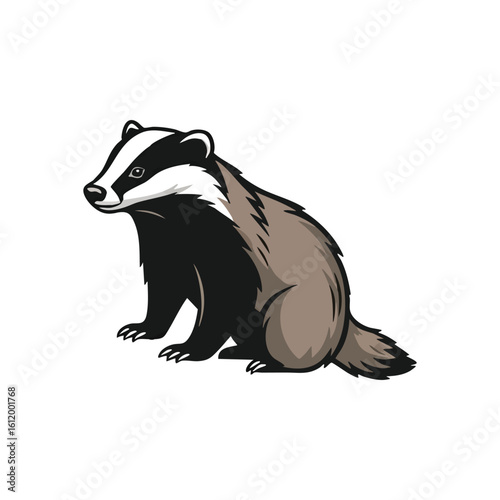 Badger Animal Illustration. A charming digital graphic of a wild European mammal, showcasing its distinctive facial stripes. This resilient nocturnal beast symbolizes adaptability and strength.