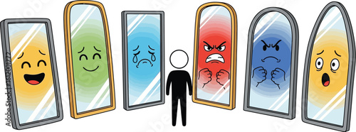Exploring self image and reflection concept with mirrors showing different emotions and feelings