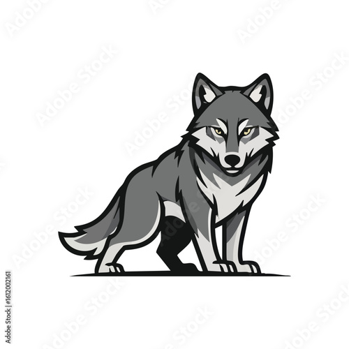 Majestic Grey Wolf Illustration. A striking digital artwork featuring a noble silver canine with intense yellow eyes. This powerful design embodies wilderness and primal strength.