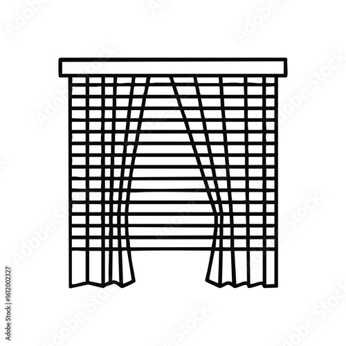 Simple Window Blinds and Drapes. Elegant graphic depicts room coverings with side panels. This household fixture conveys light regulation, a private ambience, or a concealed view outside.
