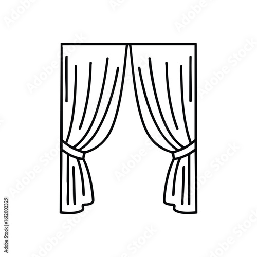 Dramatic Stage Drapes Silhouette. Clean graphic artwork of elegant fabric hangings held open. Symbolizes privacy, an inviting entryway, or the grand commencement of a show.