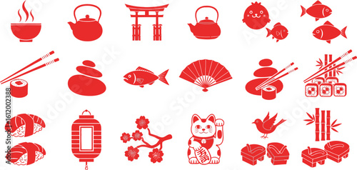 Vibrant collection of Japanese cultural icons and food for modern design