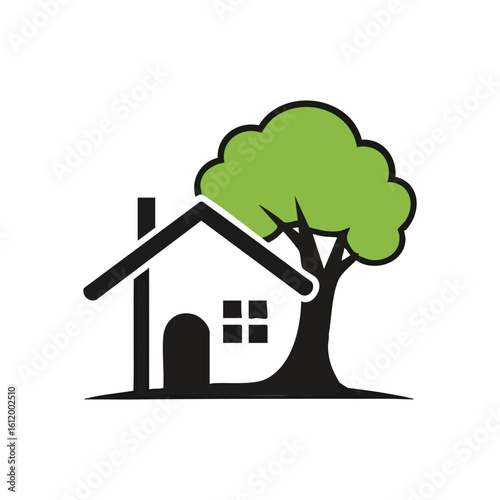 Sustainable Home and Nature Emblem. Stylized illustration of a residence adjacent to a leafy plant, symbolizing green concepts and environmental responsibility.